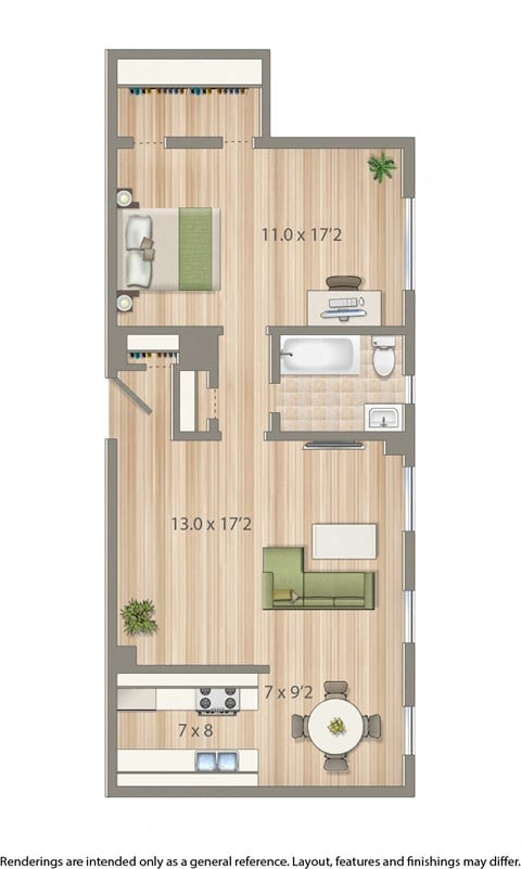 Floor plan for 1 bed, 1 bath, 660 sqft